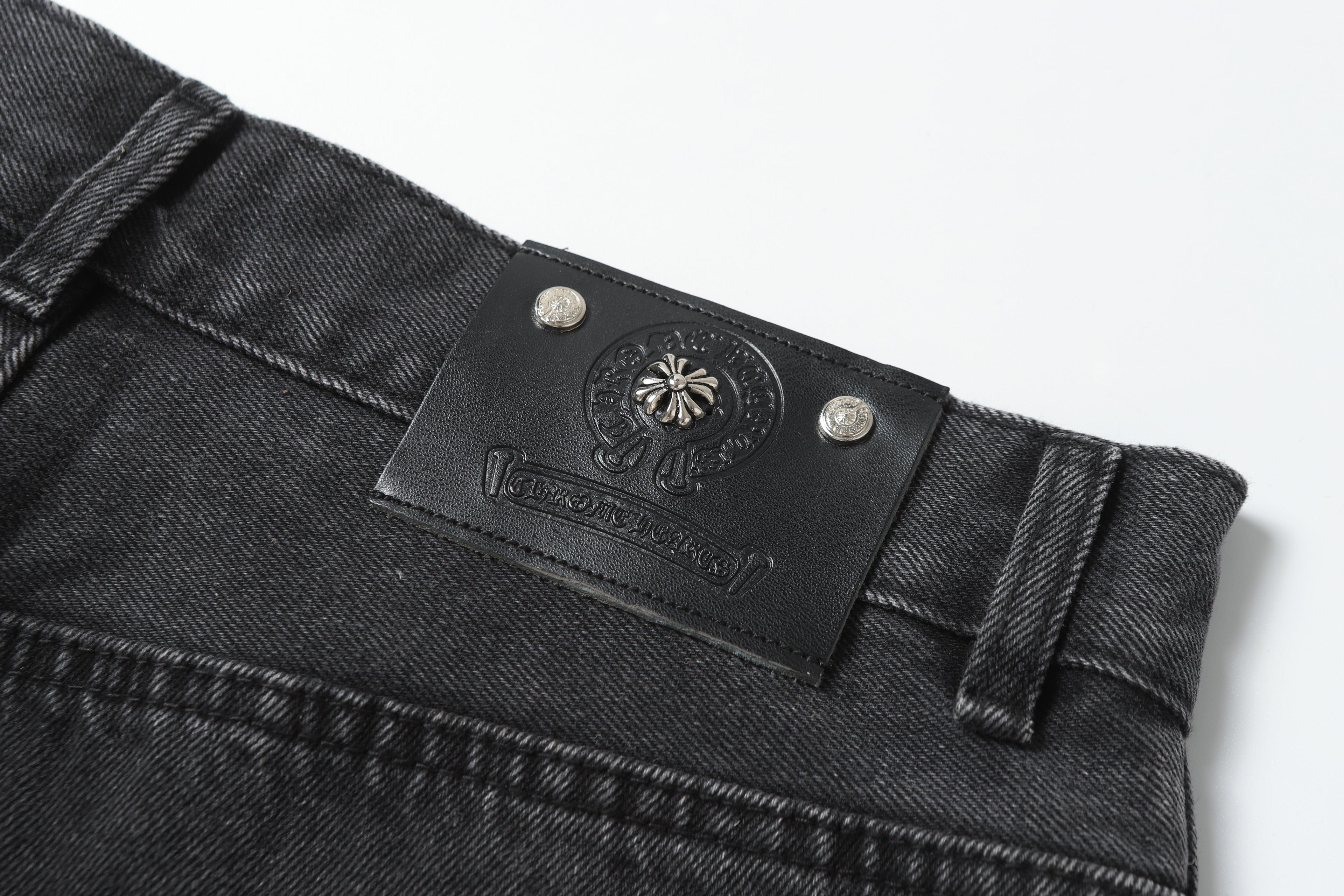 Chrome Hearts White & Black Leather Cross Patches Jeans