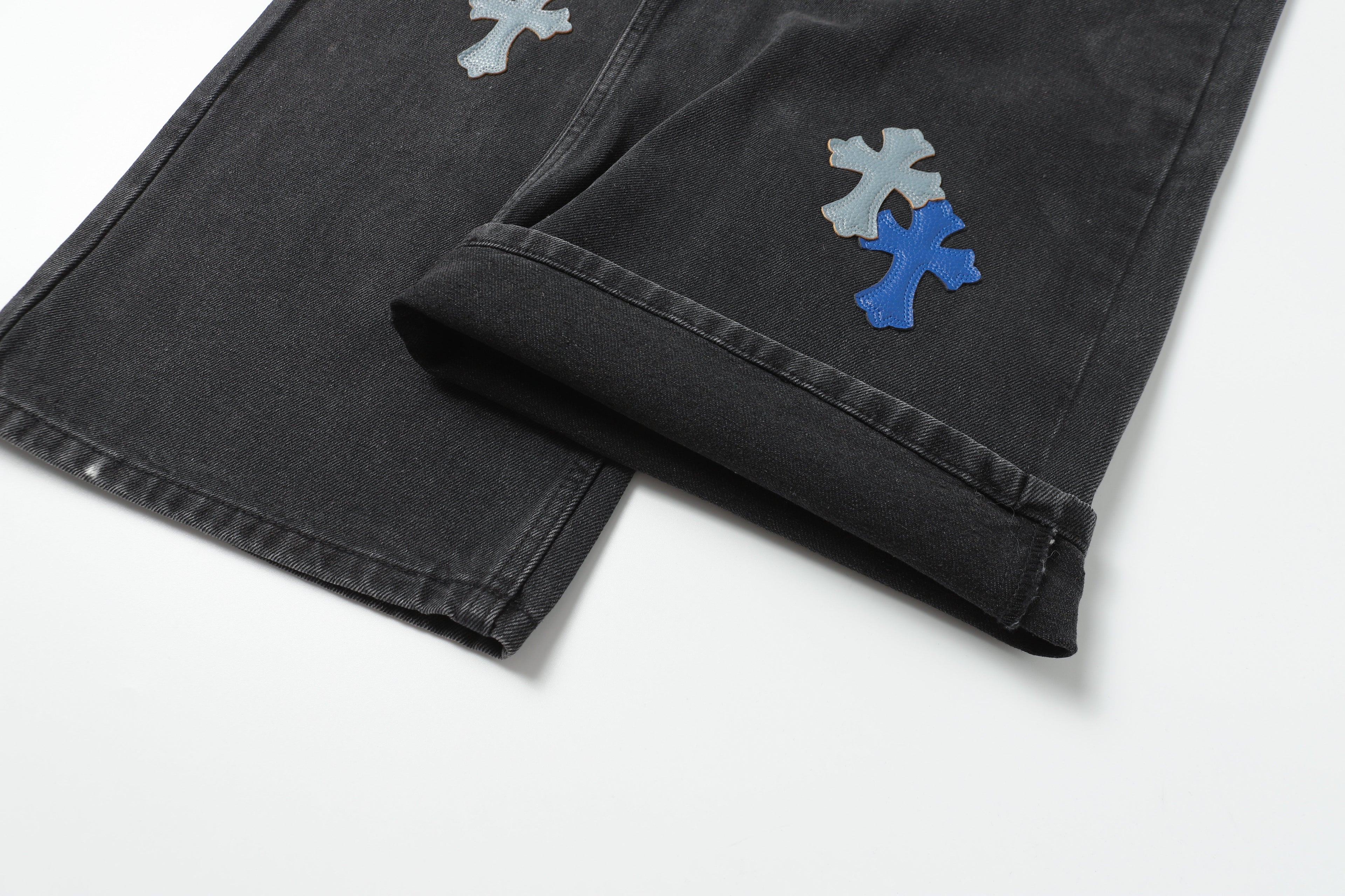 Chrome Hearts Grey & Blue Leather Cross Patches Jeans