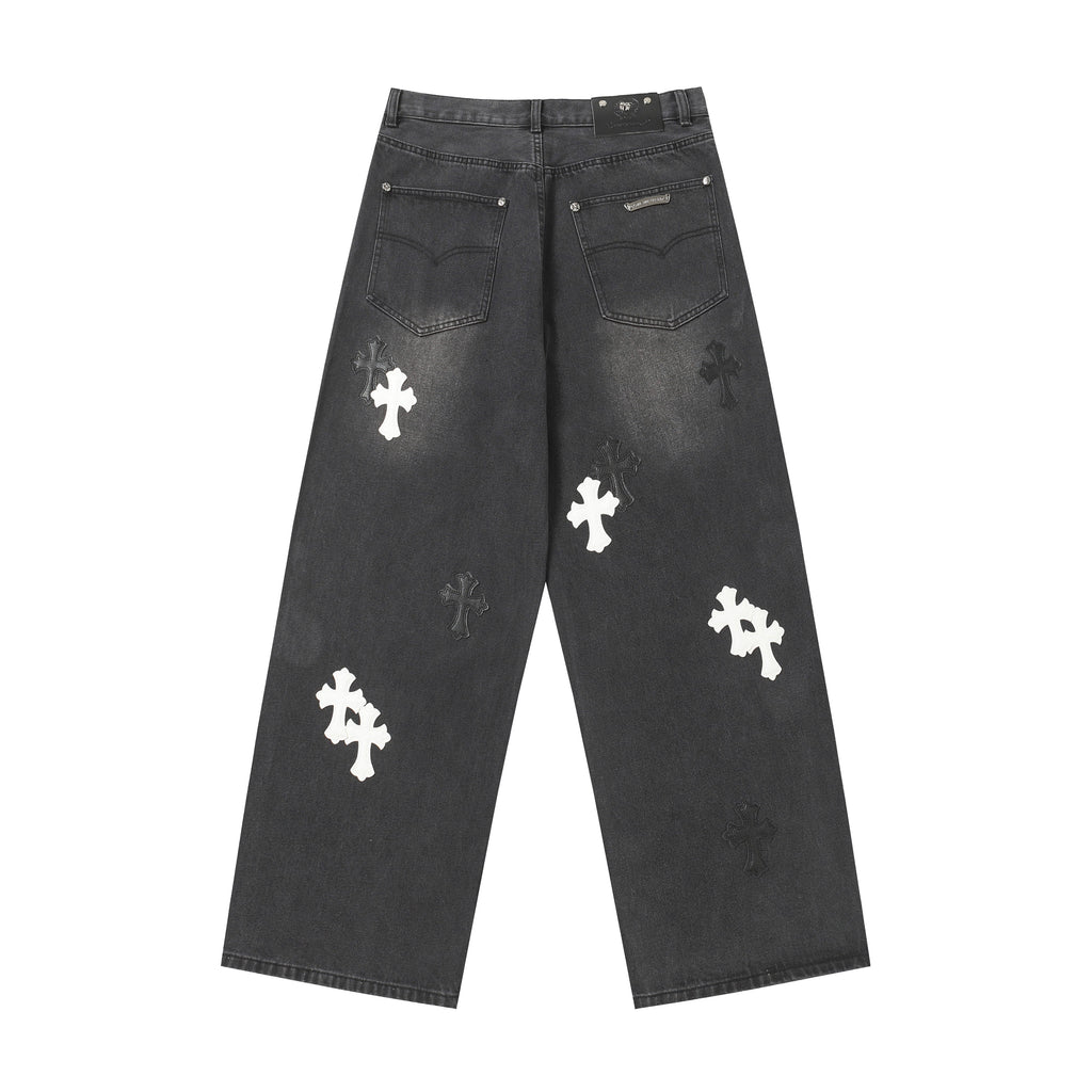 Chrome Hearts White & Black Leather Cross Patches Jeans