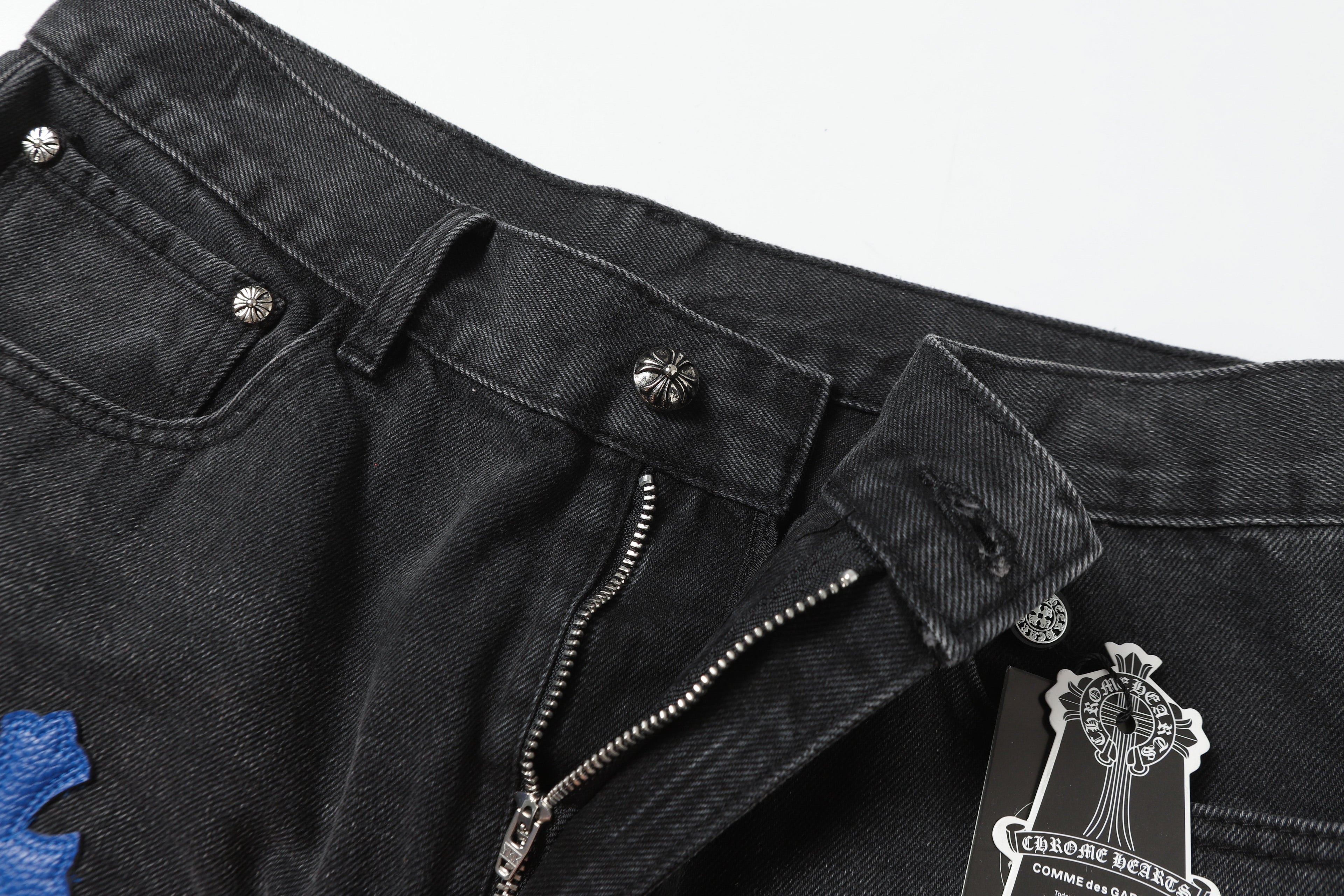 Chrome Hearts Grey & Blue Leather Cross Patches Jeans