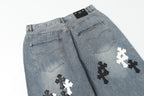 Chrome Hearts White & black Leather Cross Patches Jeans