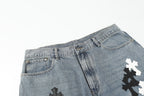 Chrome Hearts White & black Leather Cross Patches Jeans