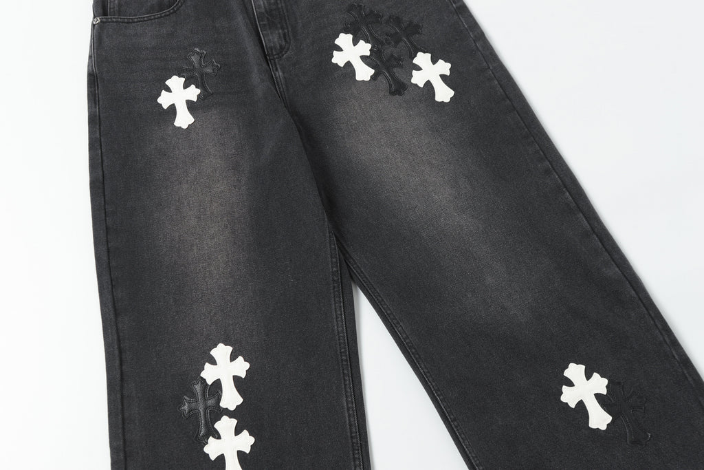 Chrome Hearts White & Black Leather Cross Patches Jeans