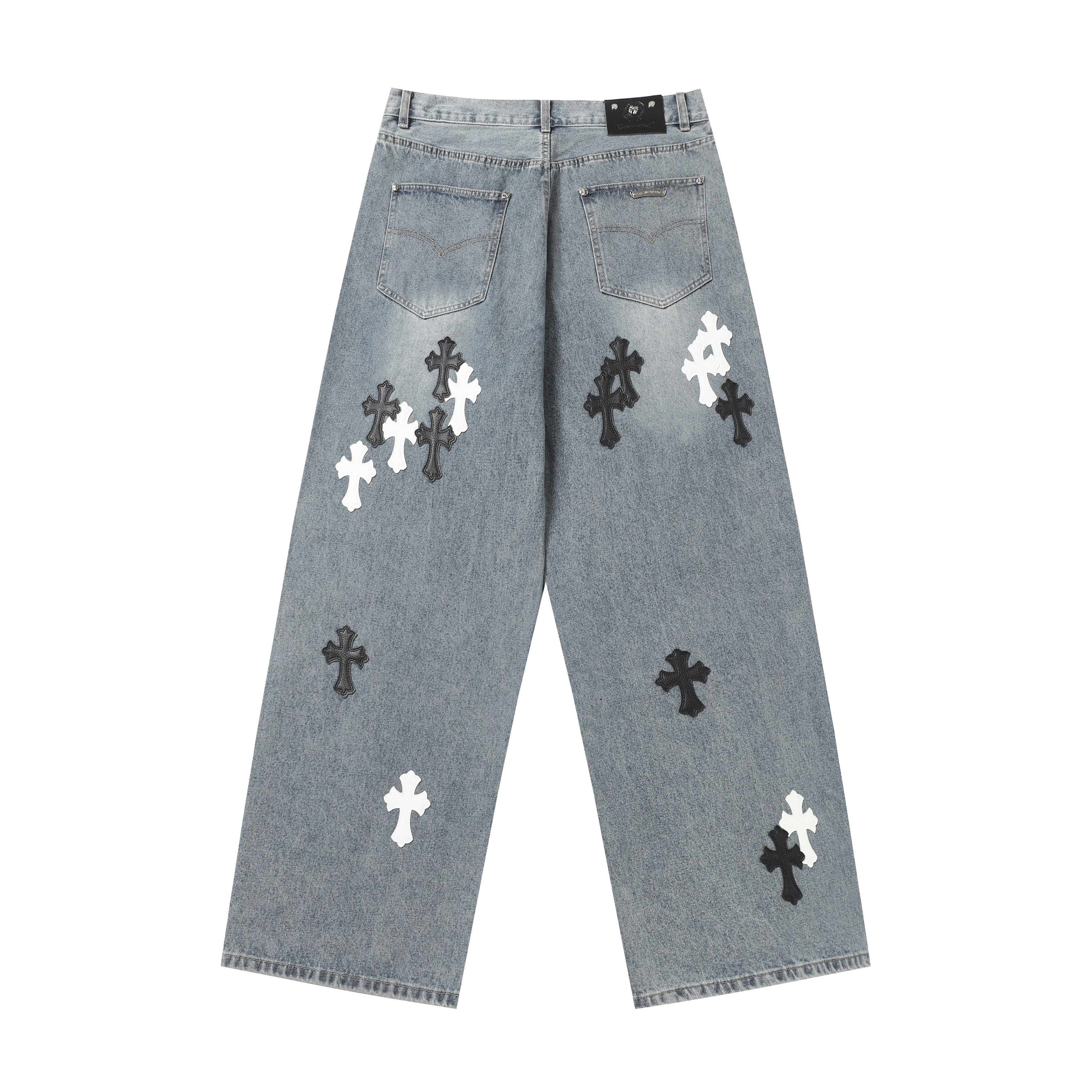 Chrome Hearts White & black Leather Cross Patches Jeans