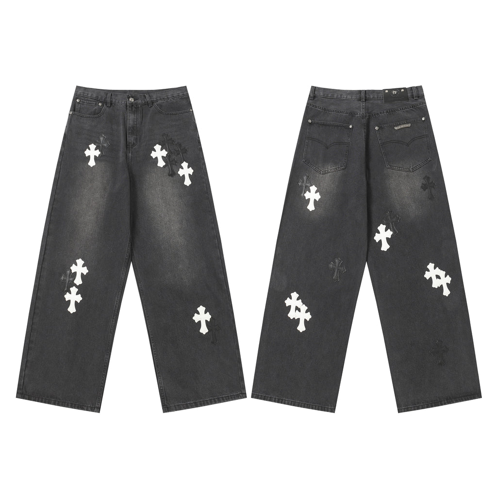 Chrome Hearts White & Black Leather Cross Patches Jeans