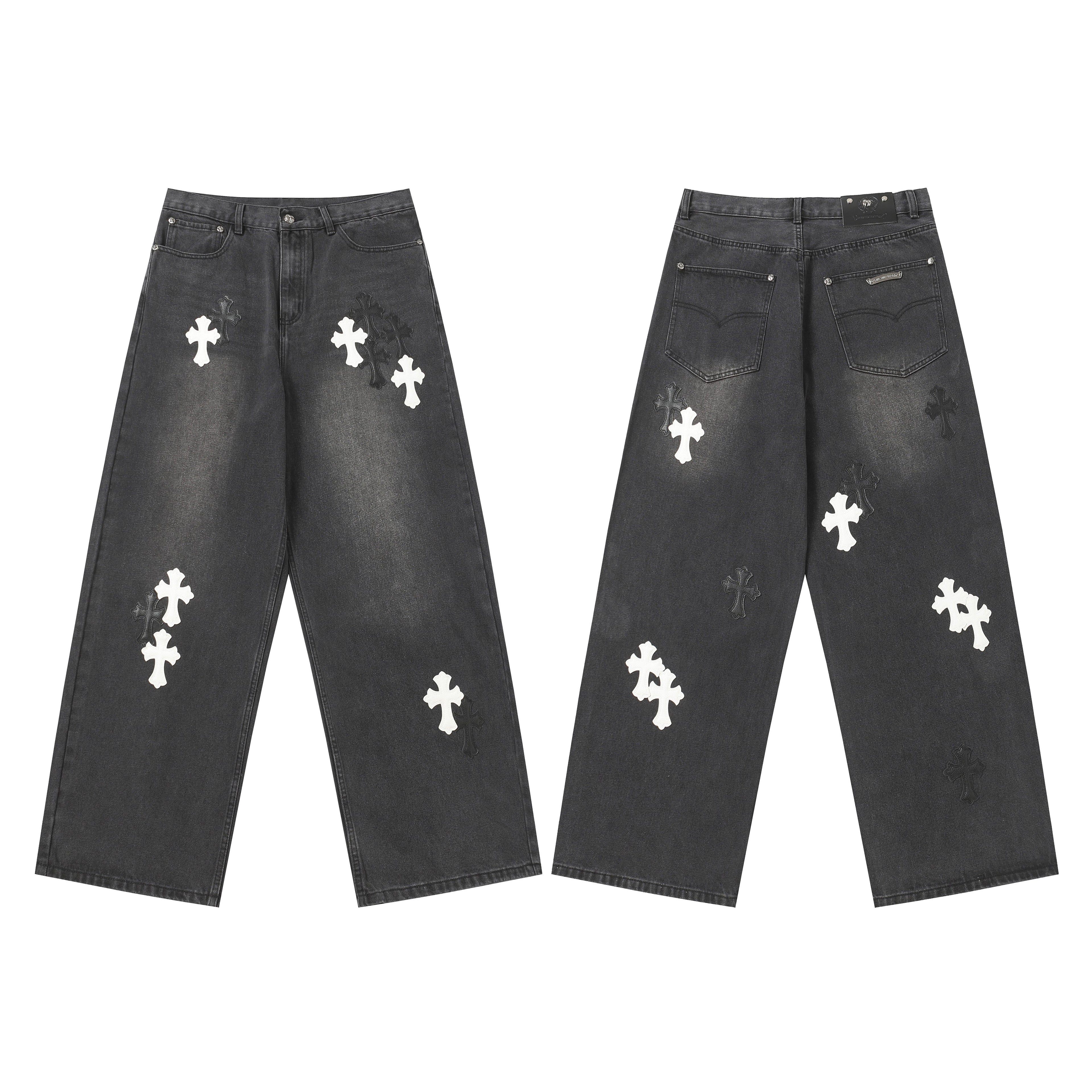 Chrome Hearts White & Black Leather Cross Patches Jeans