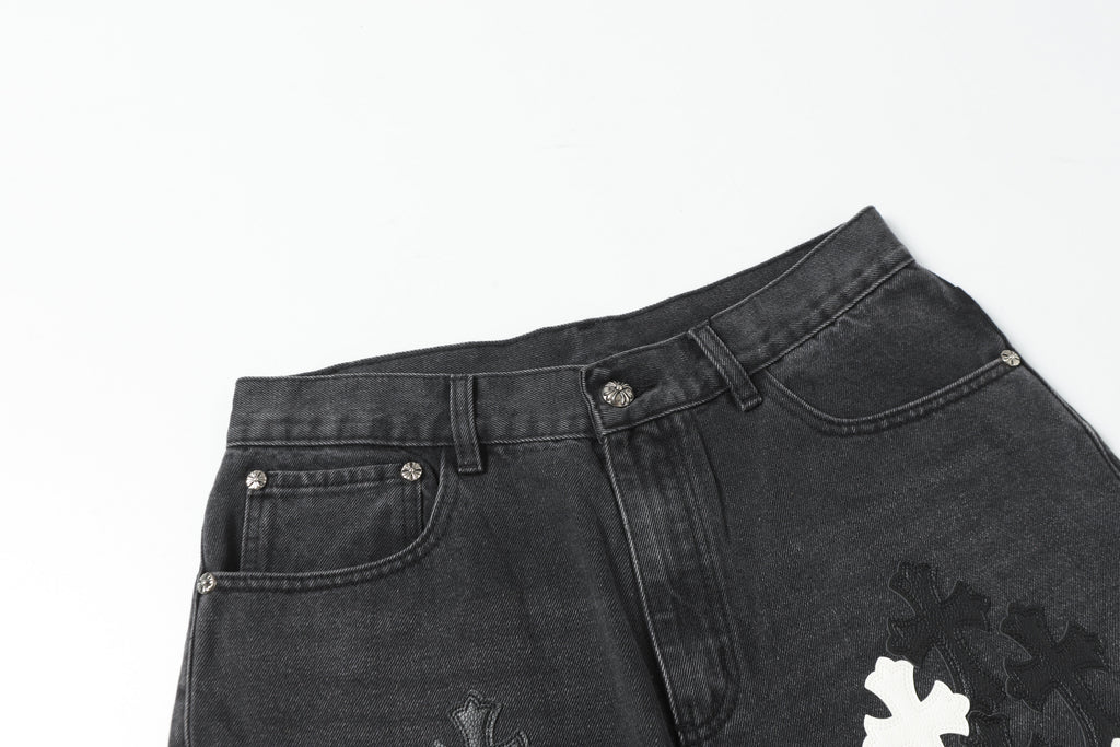 Chrome Hearts White & Black Leather Cross Patches Jeans