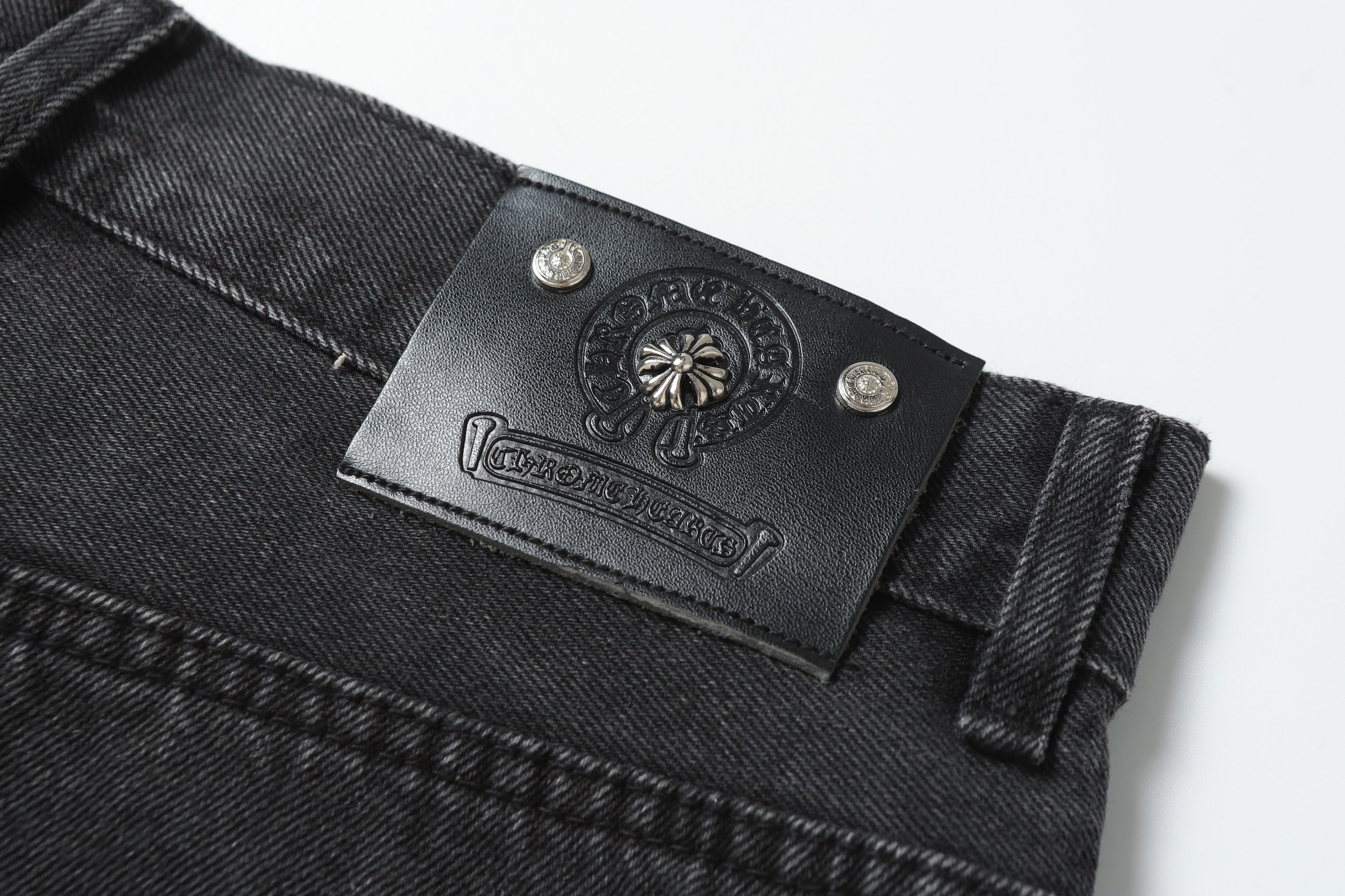 Chrome Hearts Grey & Blue Leather Cross Patches Jeans