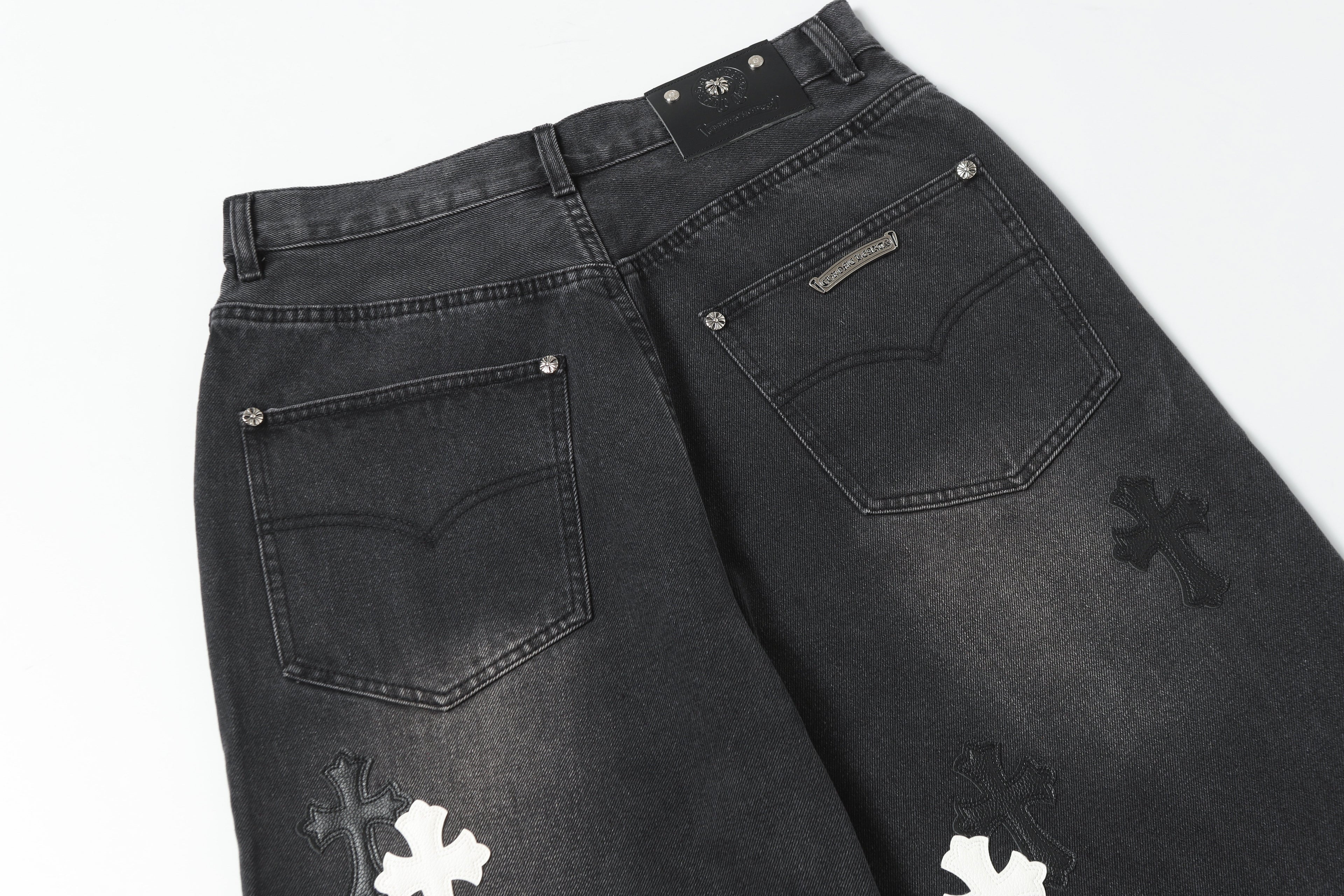 Chrome Hearts White & Black Leather Cross Patches Jeans